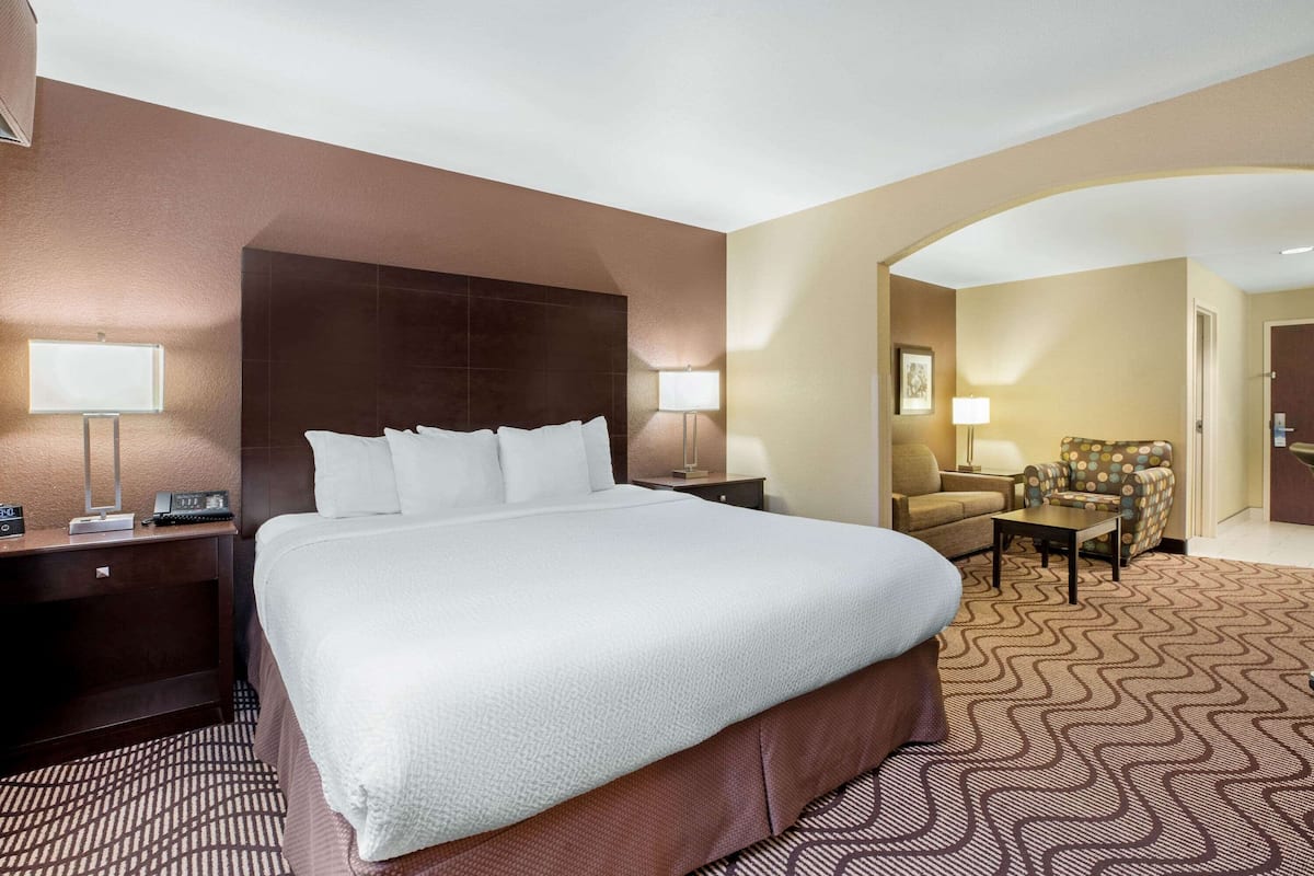 Een hotelkamer met een groot bed, een nachtkastje met een lamp, een stoel en een kleine tafel.