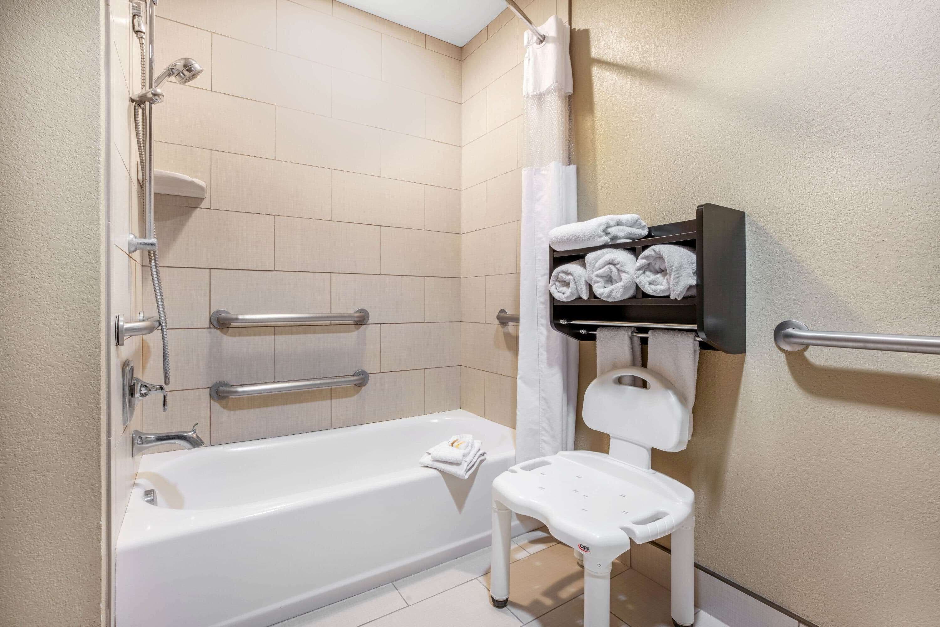 combined shower/bathtub, free toiletries, hair dryer, towels