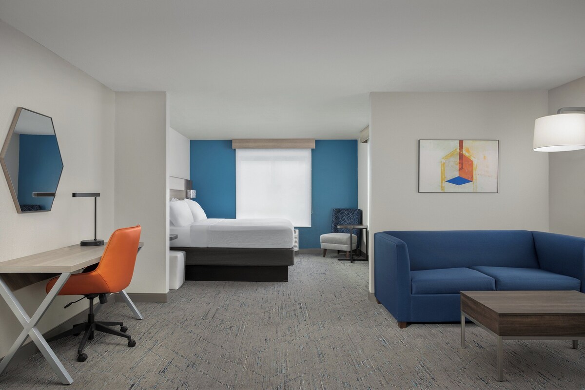 Quarto de hotel com uma cama, uma escrivaninha com uma cadeira laranja, um sofá azul, uma mesa pequena e um quadro na parede.