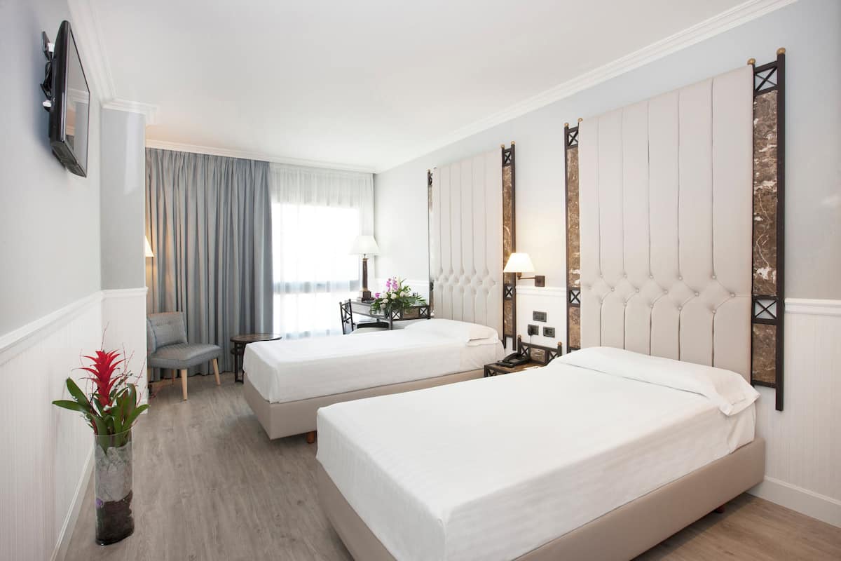 A hotel room with two beds, a desk, a chair, and a potted plant.
