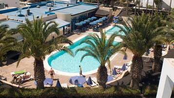 Outdoor pool, pool umbrellas, pool loungers
