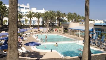 Outdoor pool, pool umbrellas, pool loungers