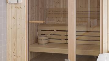 A sauna room with wooden walls, a glass door, and a control panel.