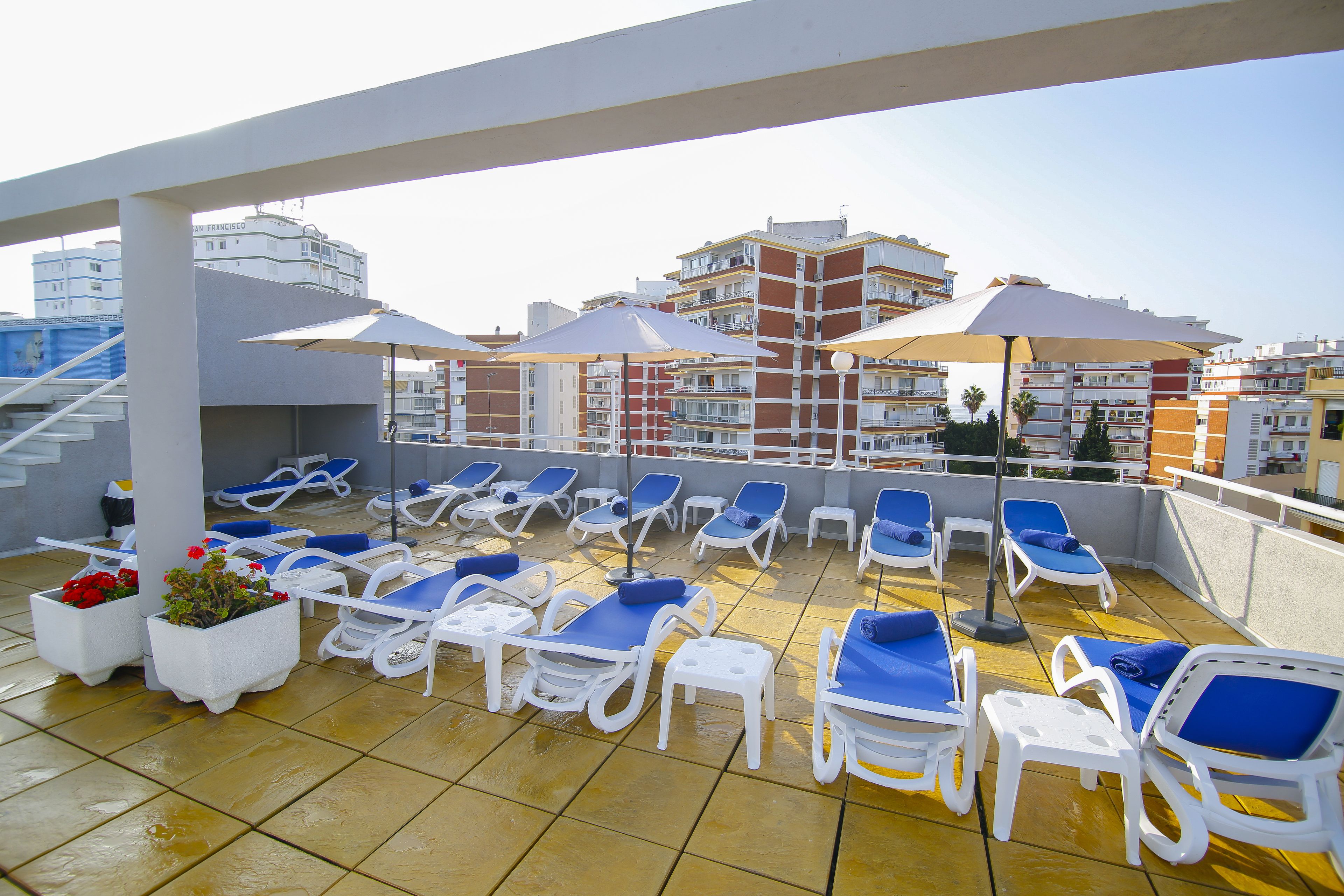 A rooftop terrace with sun loungers, umbrellas, and potted plants.