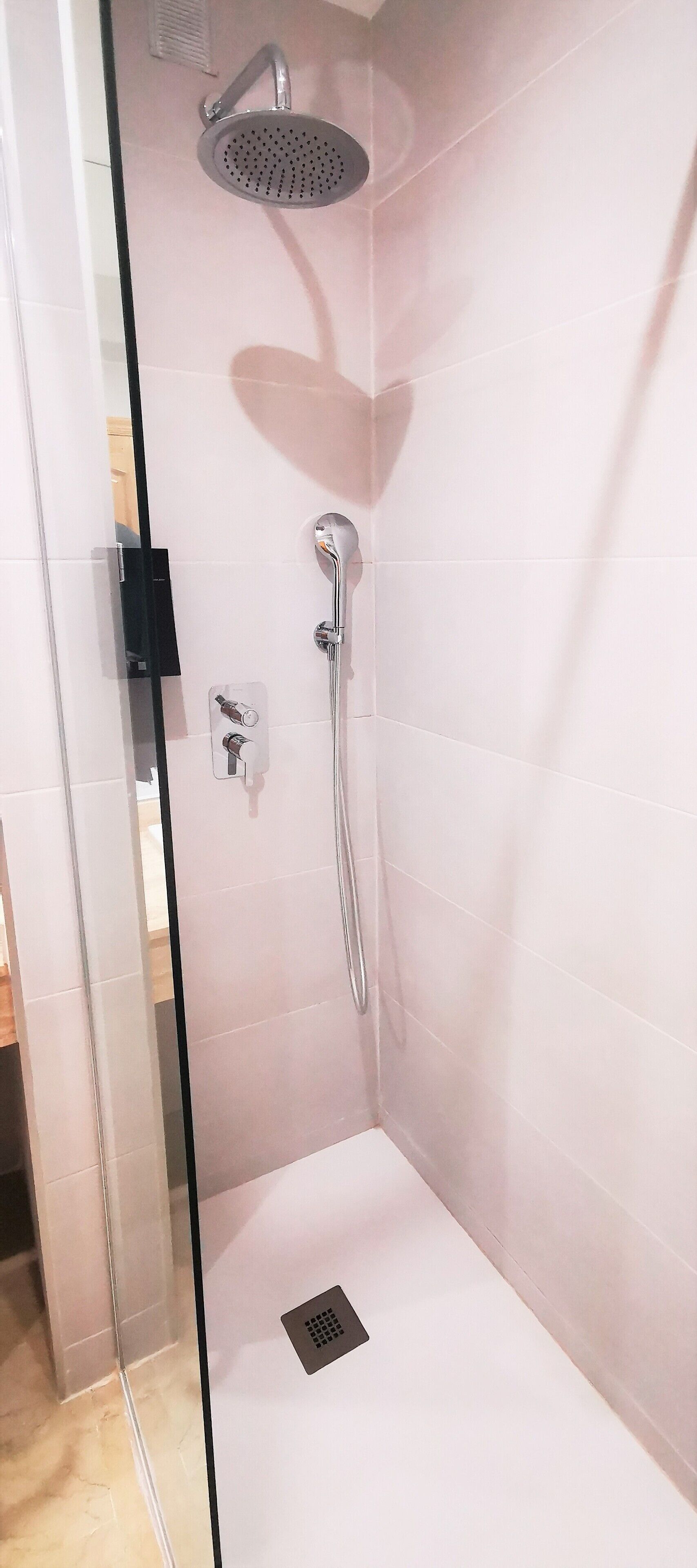 Ducha envuelta en vidrio con cabezal de ducha de mano y cabezal de ducha empotrado.
