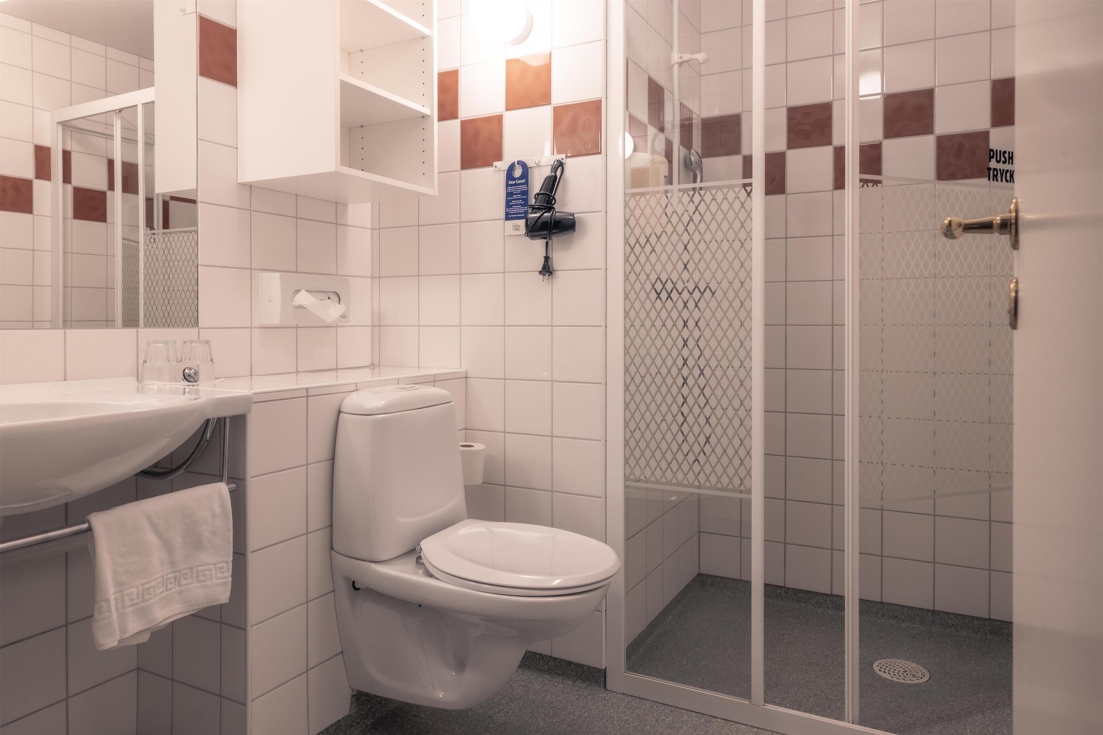 Een badkamer met een witte wastafel, toilet en een douchecabine met glazen wanden.