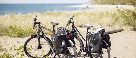 A bicycle parked on a sandy beach with a view of the ocean.