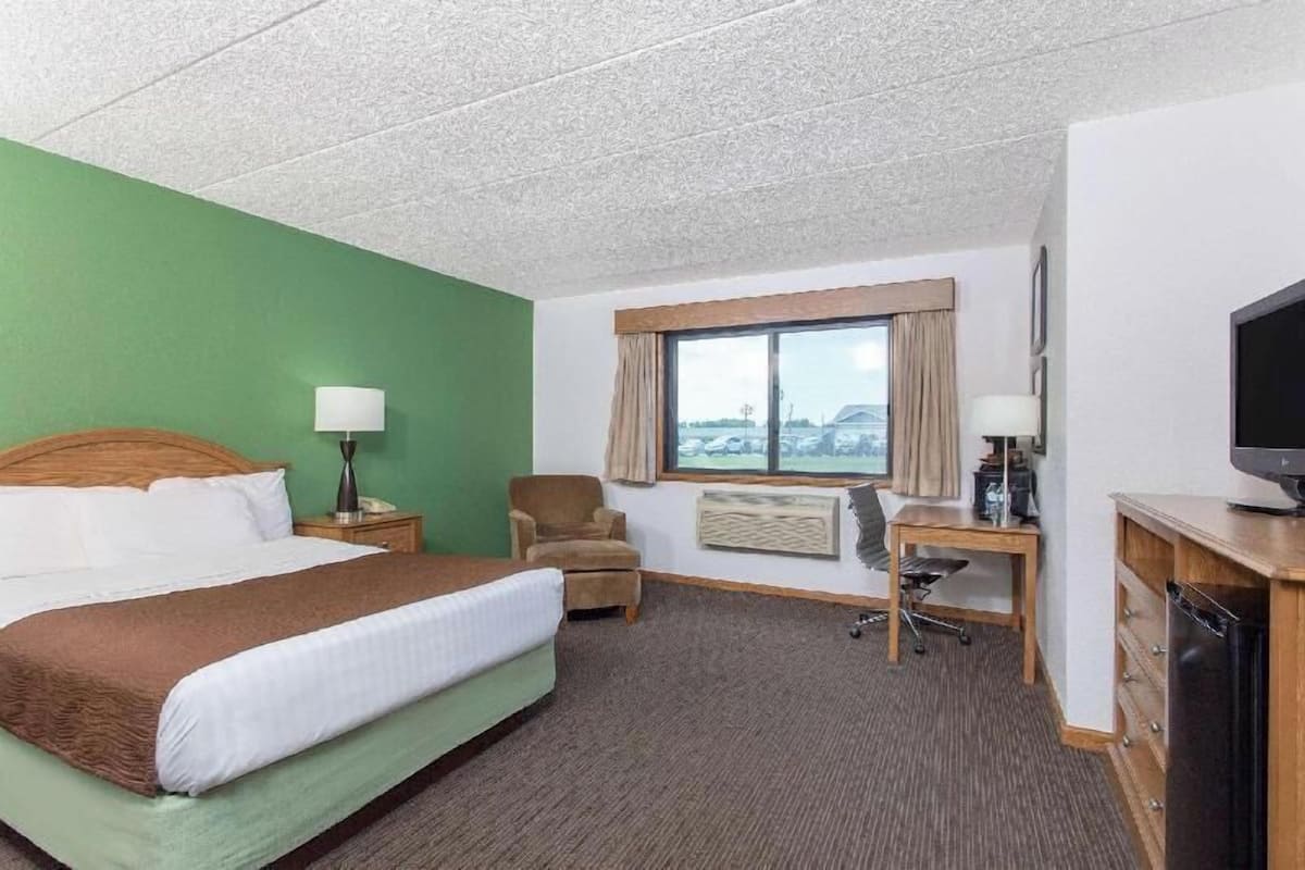 Habitación de hotel con cama, escritorio, silla, televisión y ventana con vistas.