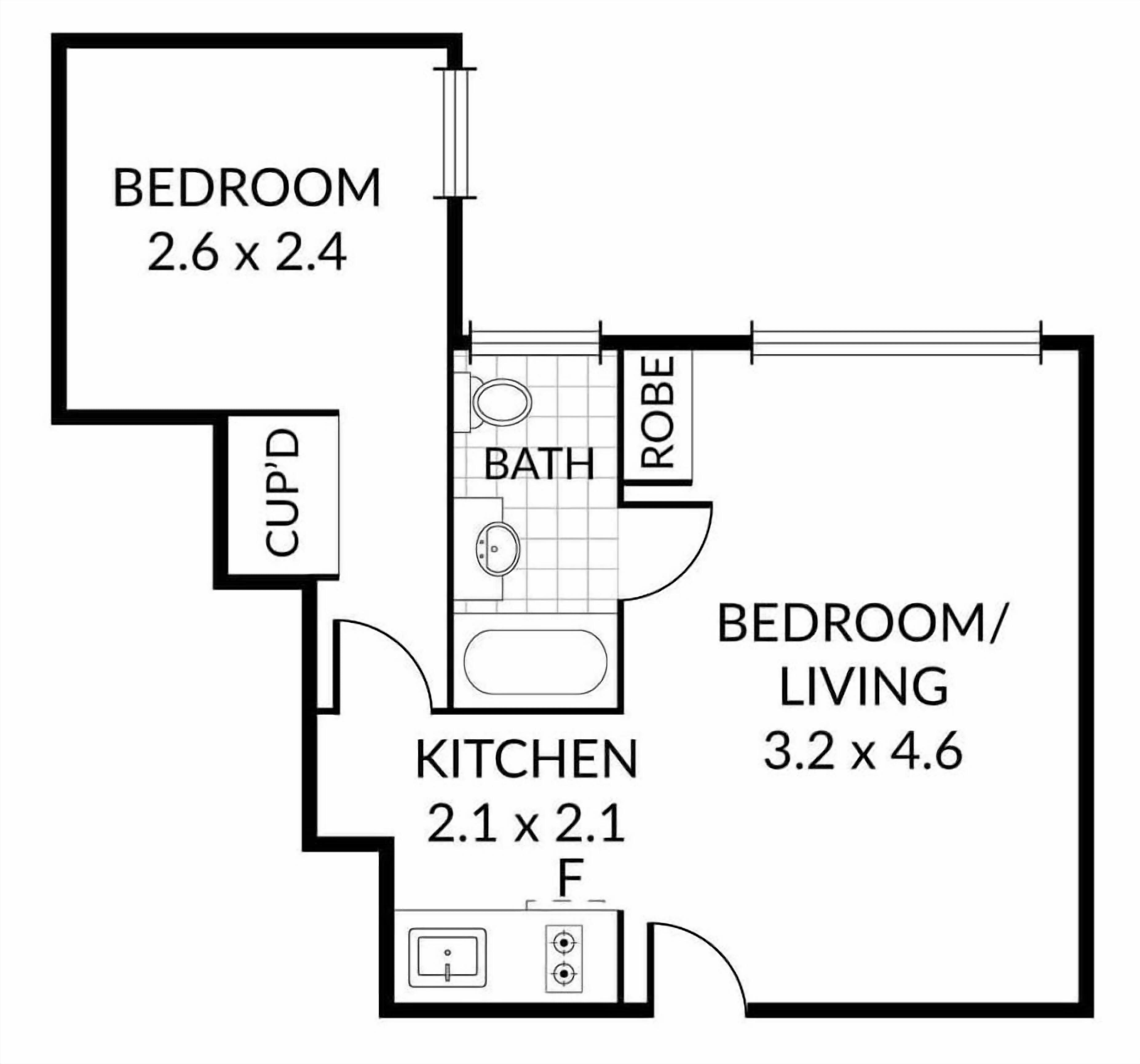 A floor plan with a bedroom (2.6 x 2.4), a bathroom, a kitchenette (2.1 x 2.1), a bedroom/living room (3.2 x 4.6), and a cupboard.