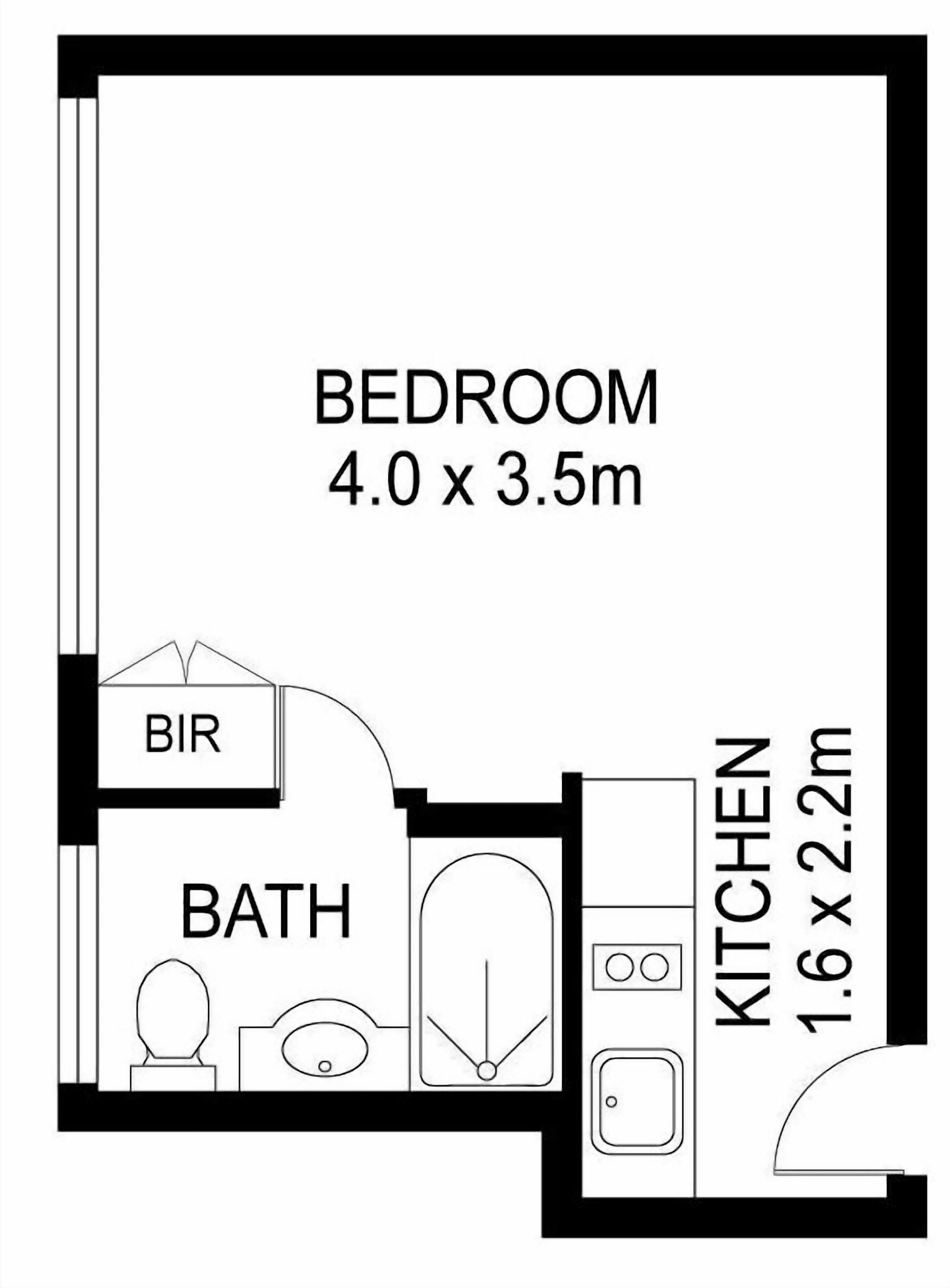 A bedroom measuring 4.0 x 3.5m, a bathroom, and a kitchen measuring 1.6 x 2.2m.