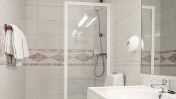 Habitación de diseñador con 2 camas individuales | Baño | Regadera, regadera tipo lluvia, amenidades de baño ecológicas