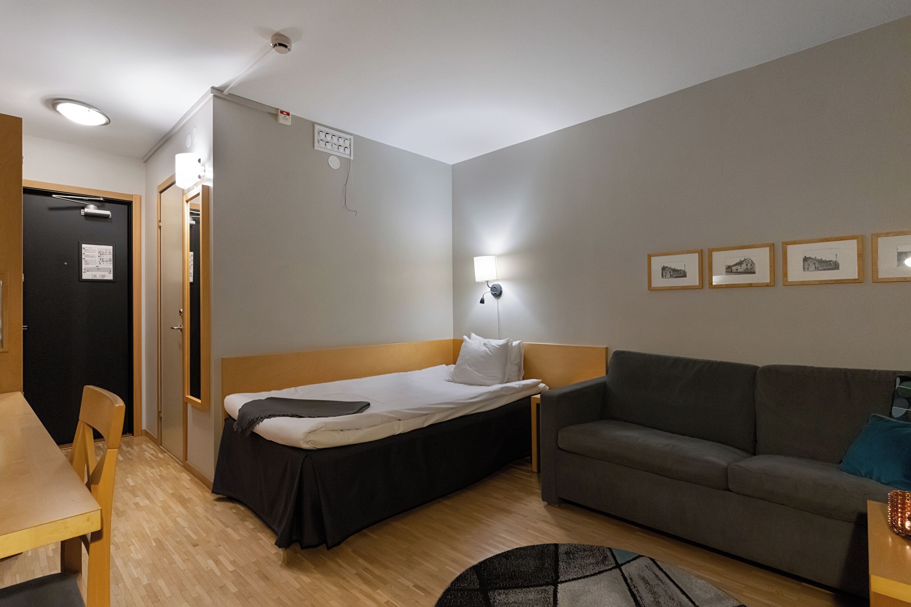 A compact hotel room with a single bed, a sofa, a dining table, and a small rug.