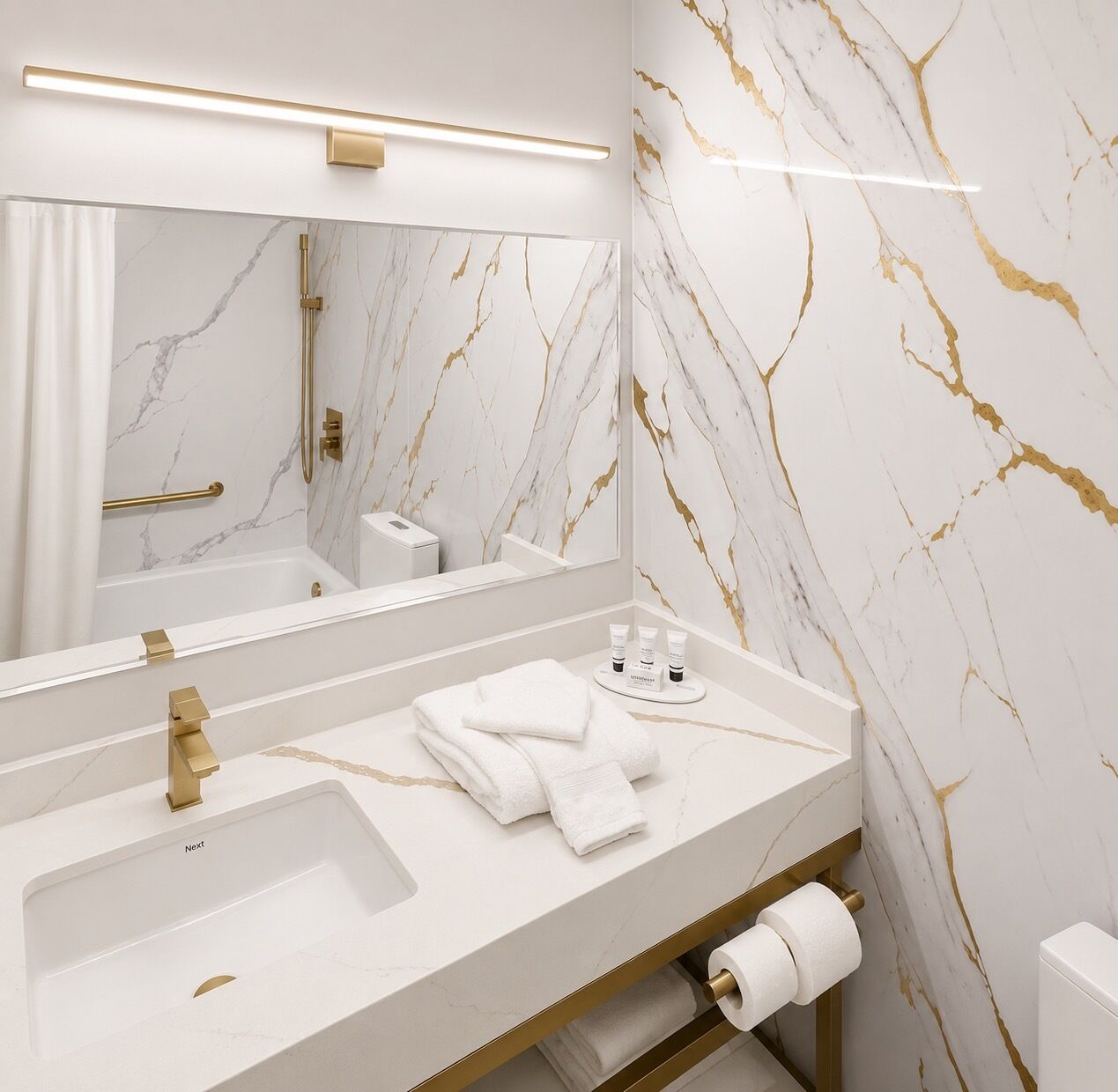 Designer toiletries, hair dryer, towels