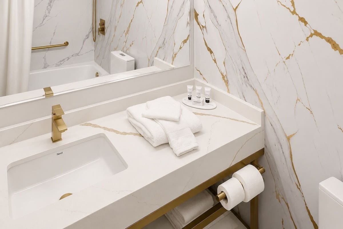 Designer toiletries, hair dryer, towels