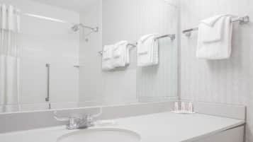 Designer toiletries, hair dryer, towels
