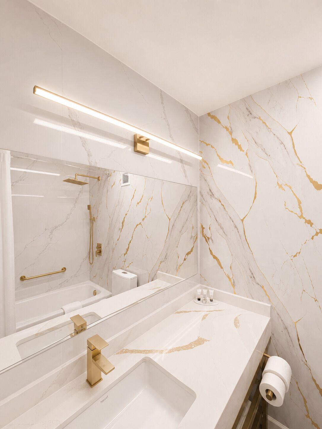 Designer toiletries, hair dryer, towels