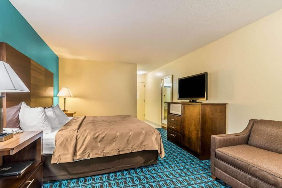 A hotel room with a bed, a television, a desk, a chair, and a patterned carpet.