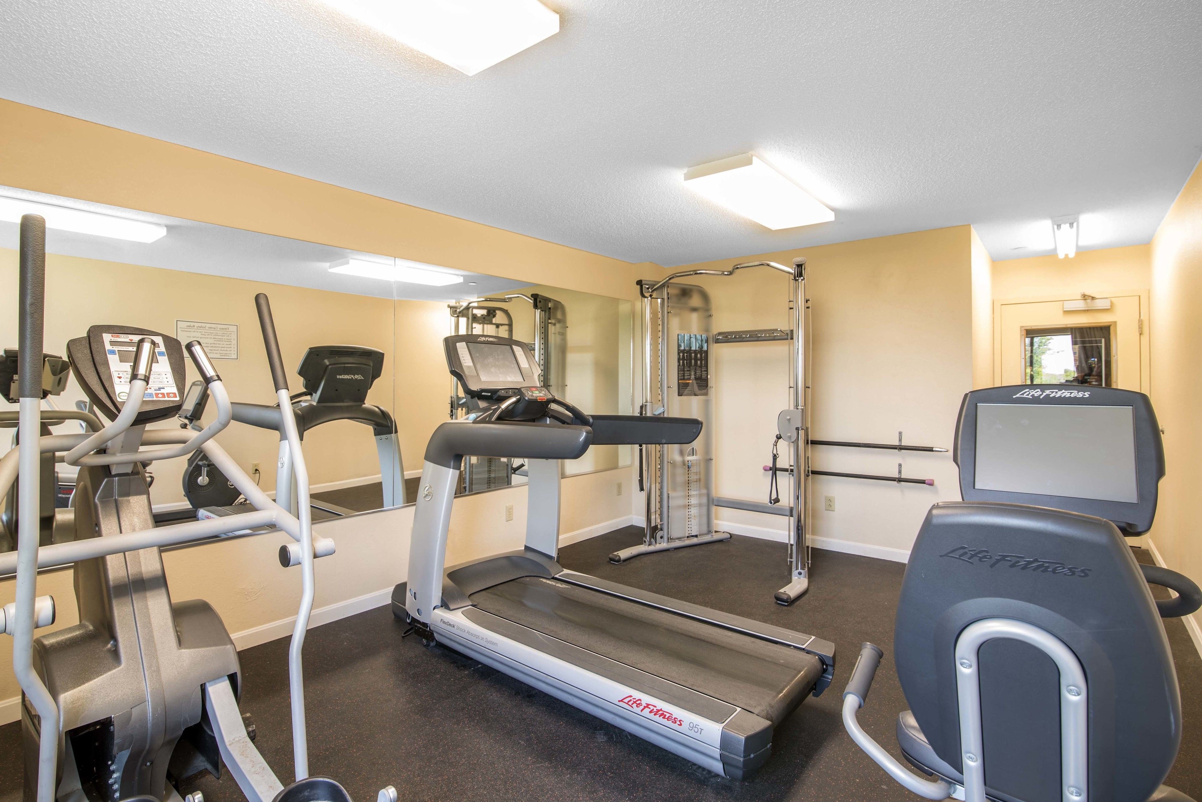 A gym with treadmills, weight machines, and a mirrored wall.
