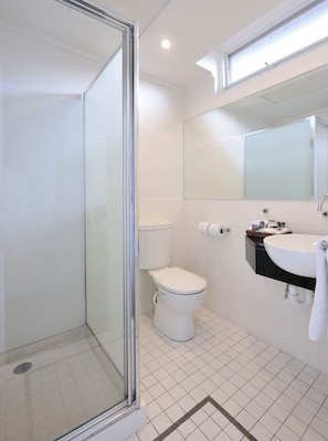 Combined shower/bathtub, eco-friendly toiletries, hair dryer, towels