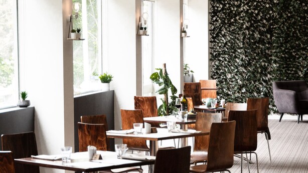 Un espace repas moderne avec des tables et des chaises en bois, des plantes en pot et un mur décoratif.
