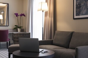 In-room safe, desk, laptop workspace, blackout curtains