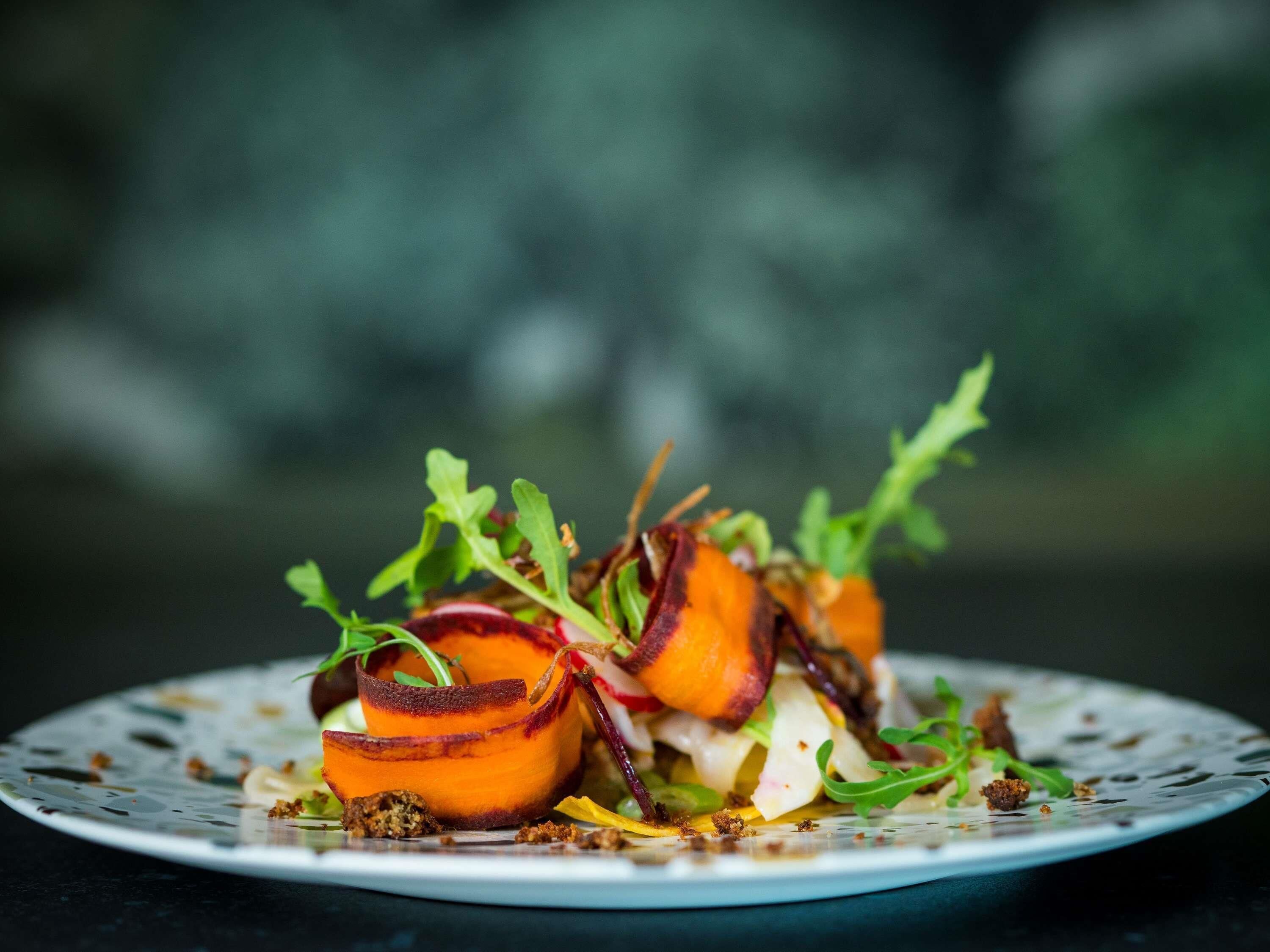 A plate of food with a dark background.