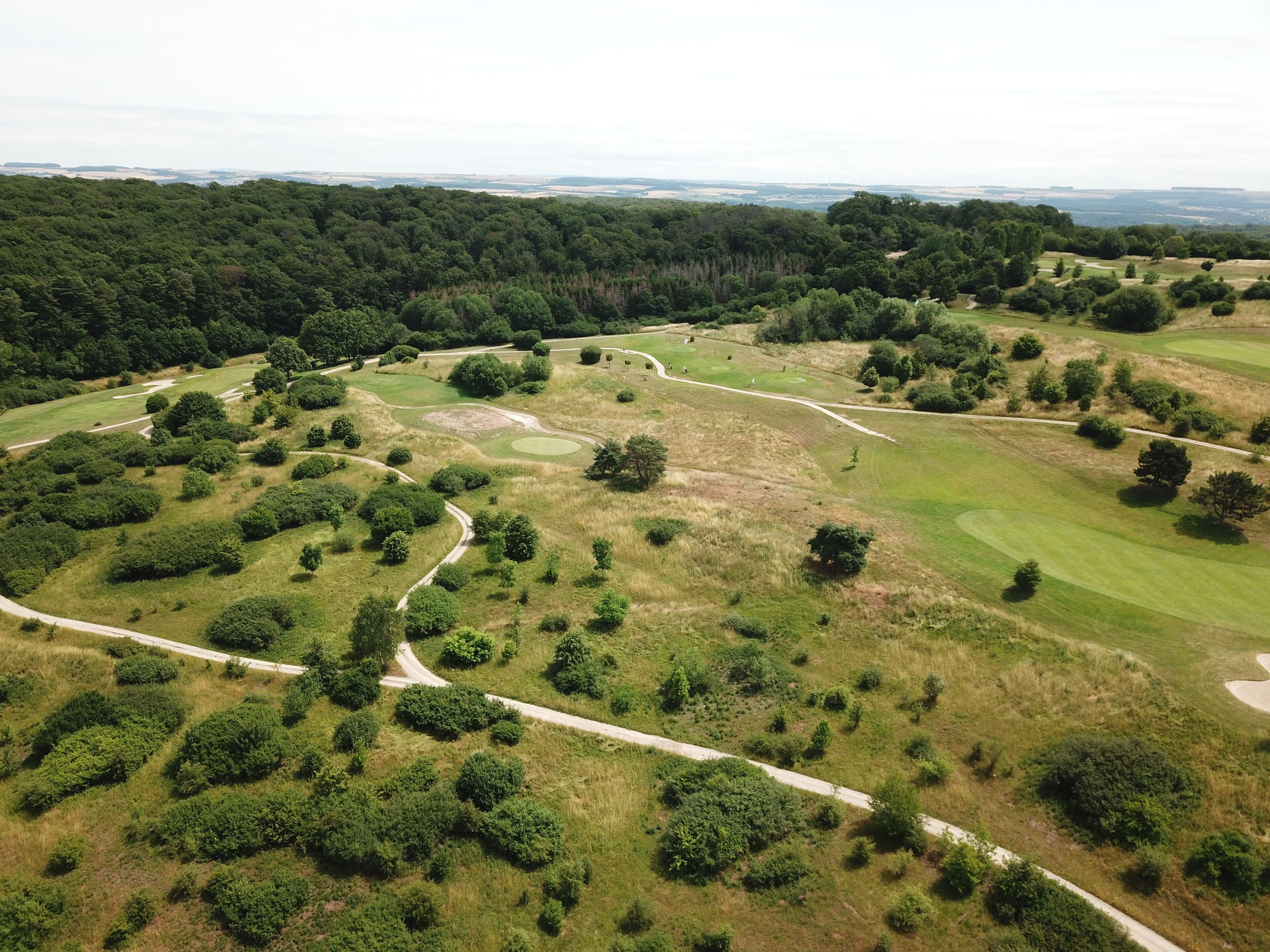 Eine Vogelperspektive eines Golfplatzes mit gewundenen Wegen, grünen Spielbahnen und bewaldeten Flächen.