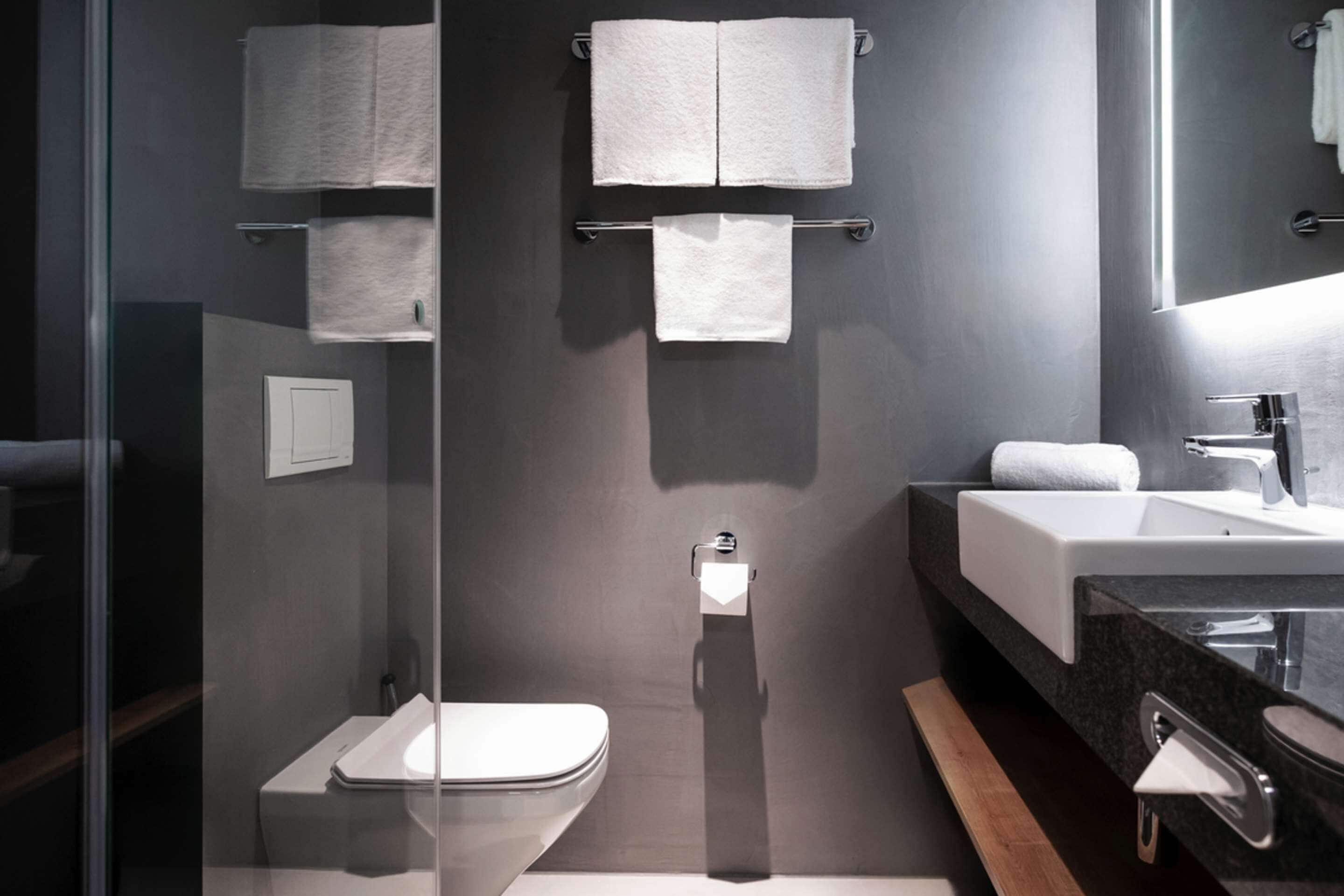 A modern bathroom with a glass shower enclosure, a white toilet, a large sink, and a mirror above the sink.