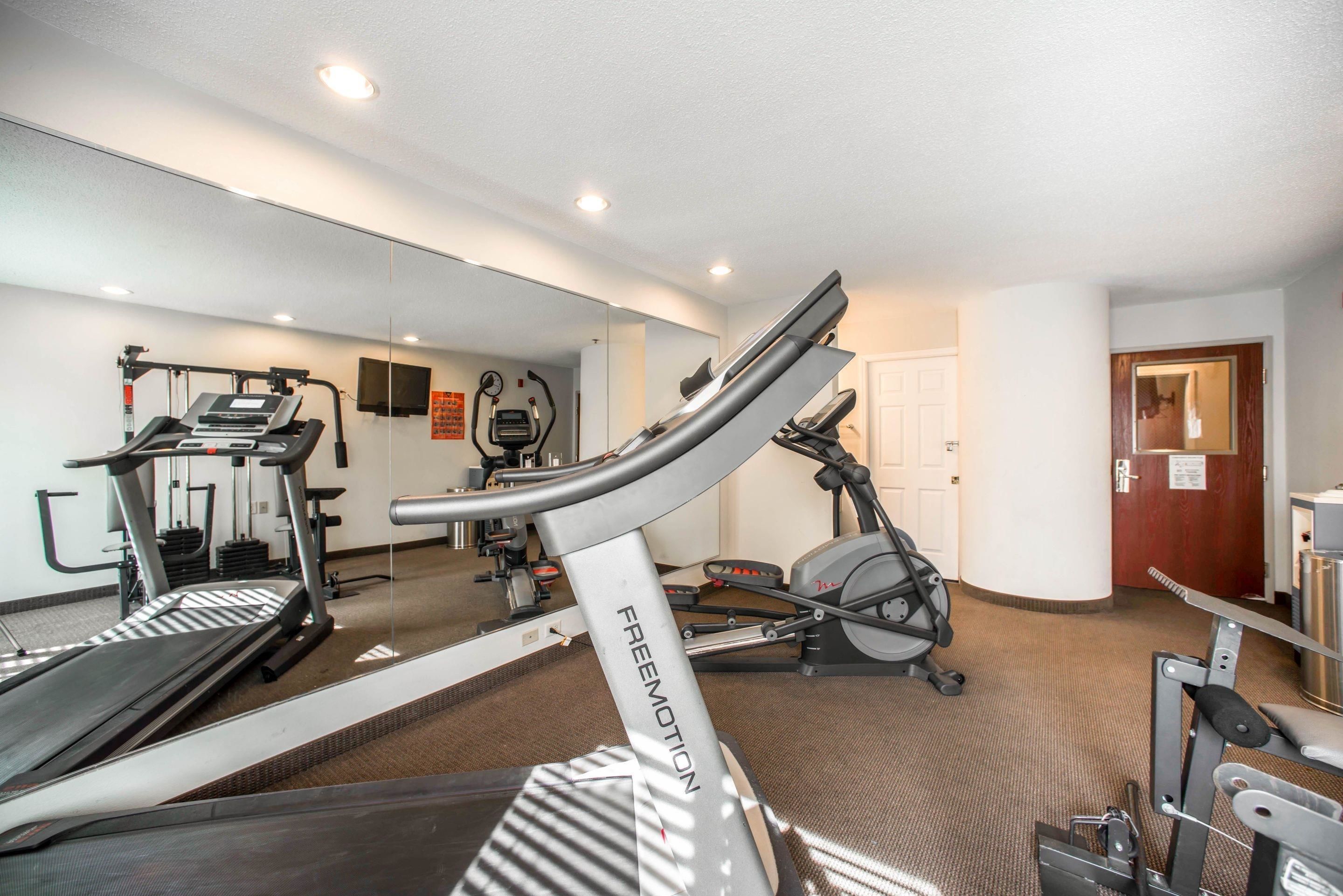 A gym with treadmills, elliptical machines, and weight equipment.