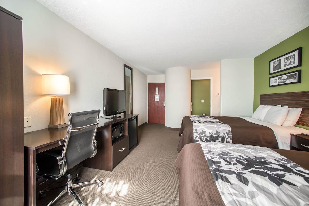 A hotel room with two beds, a desk with a chair, a television, and a lamp.