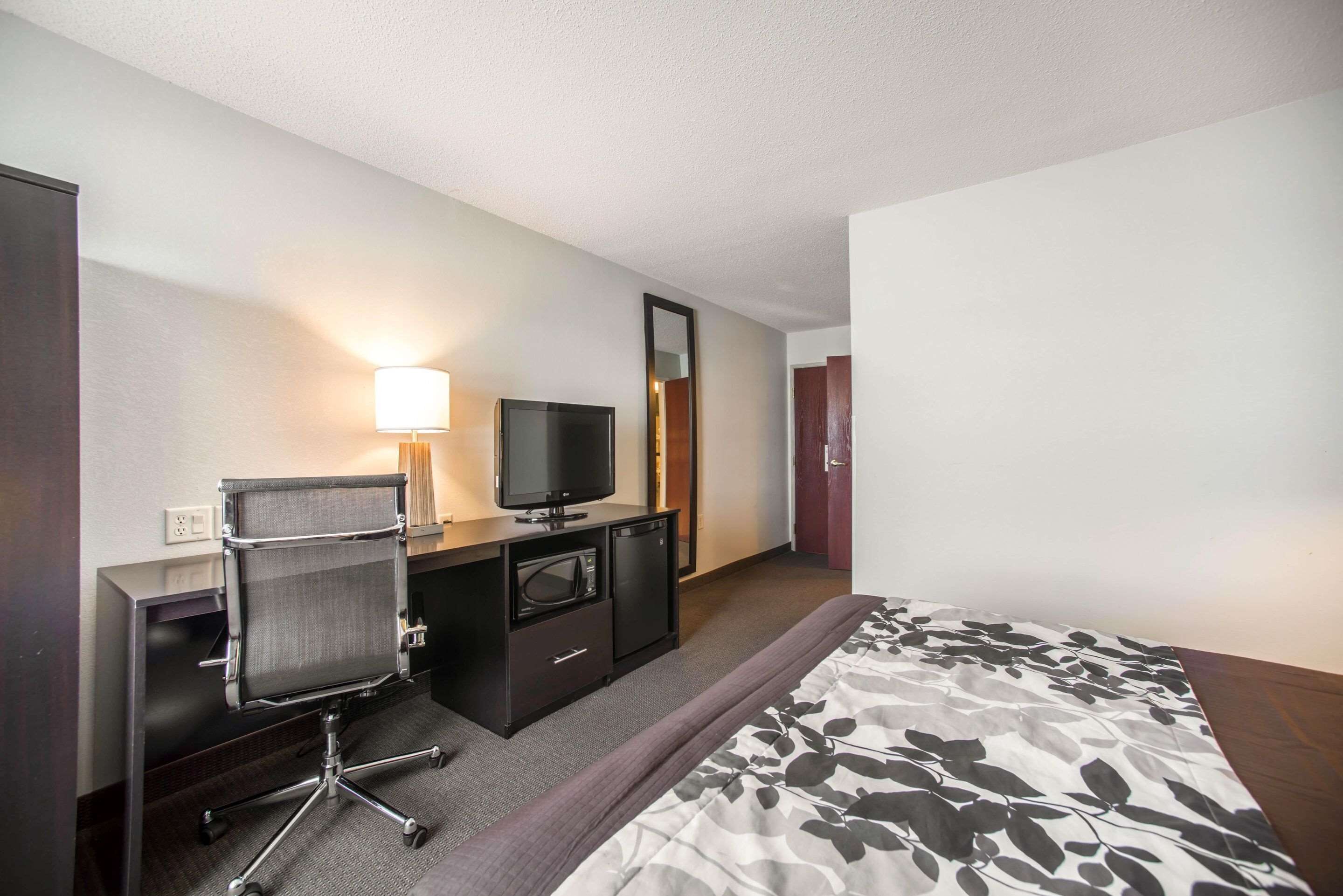 A hotel room with a bed, a desk with a chair, a television, a mirror, and a lamp.