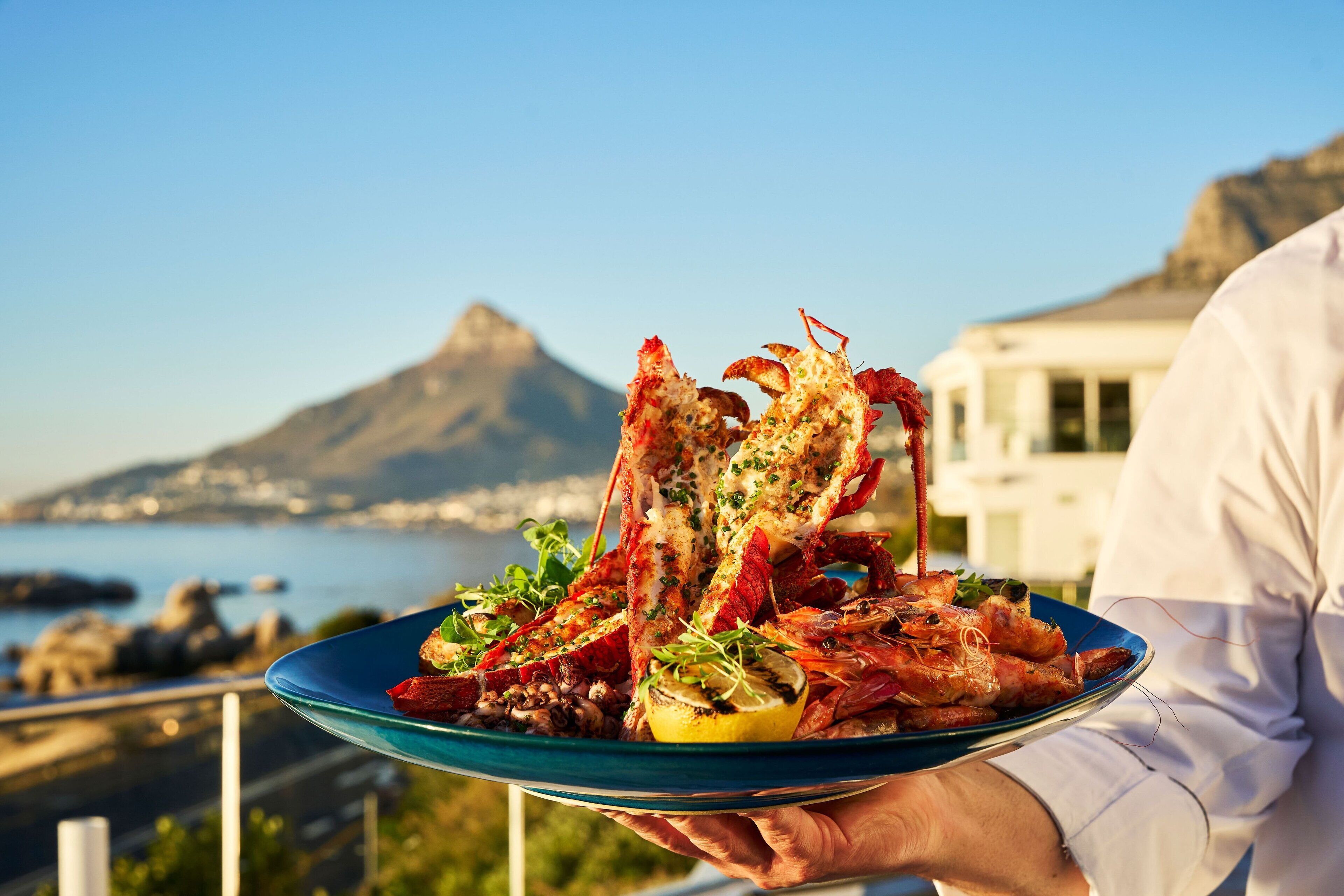 Una persona sosteniendo un plato de mariscos con un paisaje costero de fondo.