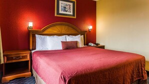 A hotel room with a large bed, two bedside tables, a nightstand, a framed picture on the wall, and two wall-mounted lamps. - Rodeway Inn Charlotte (Charlotte)