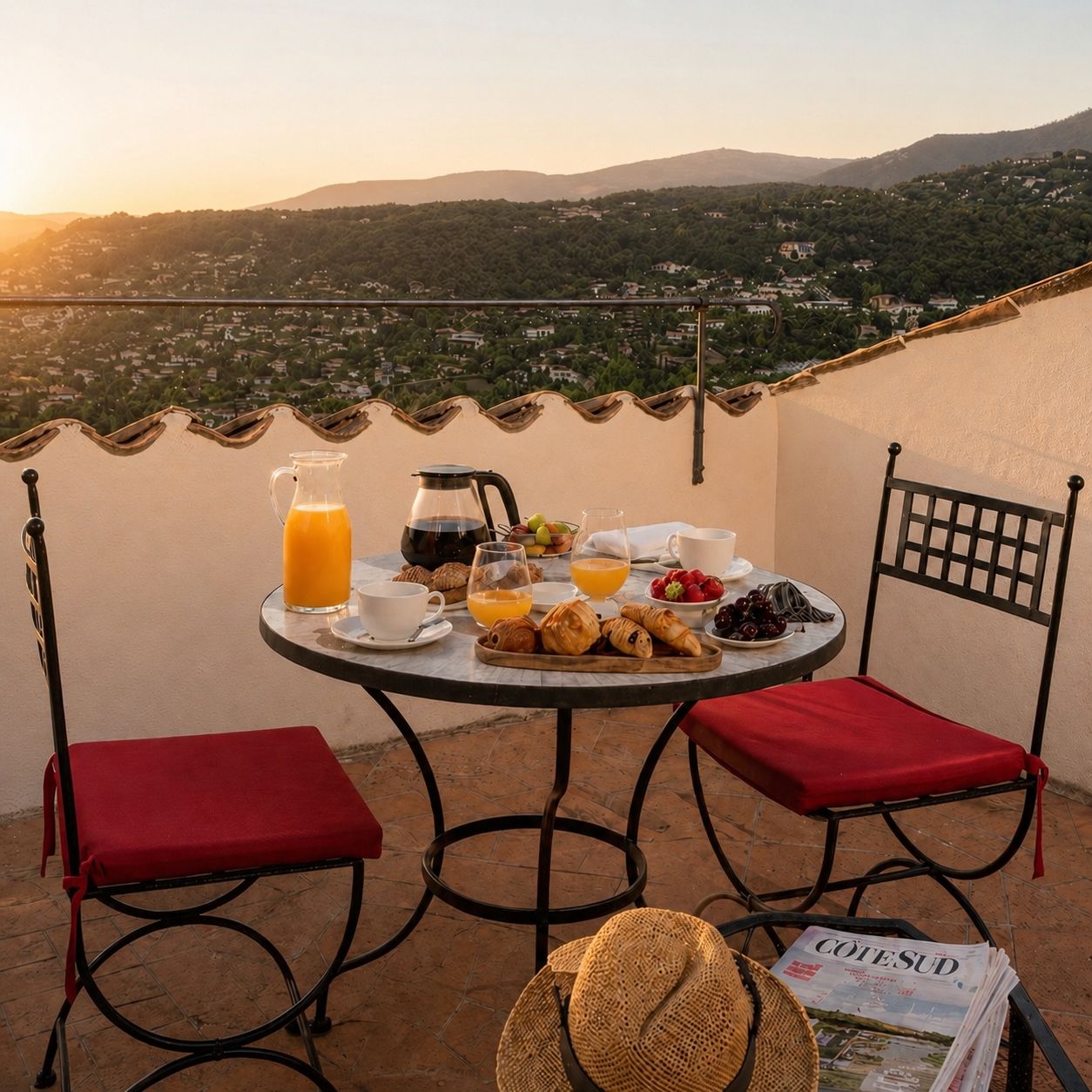 Une table dressée pour le petit-déjeuner, avec vue sur une colline.