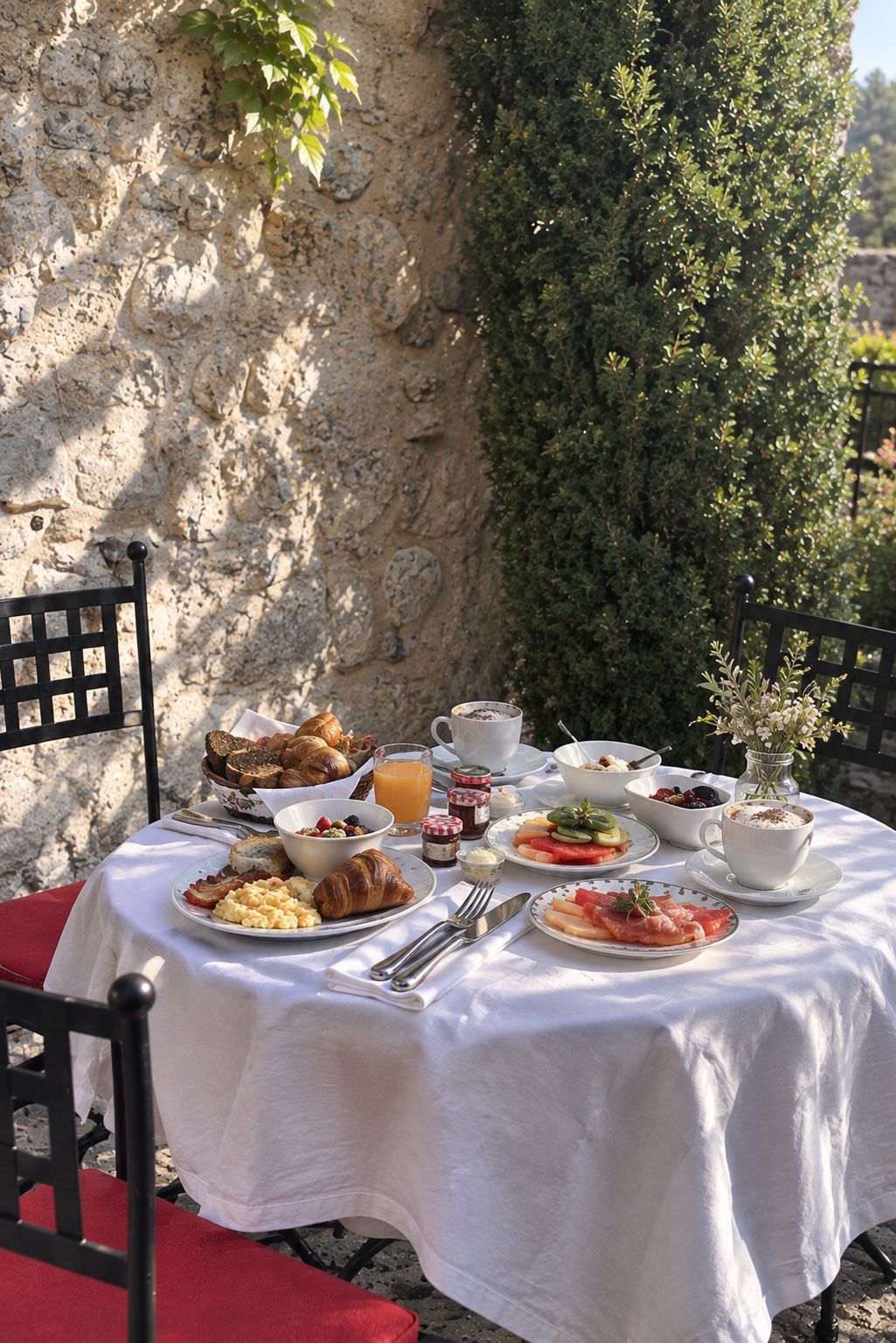 Mesa redonda al aire libre con mantel blanco, diferentes alimentos para el desayuno y vista a un muro de piedra y follaje.