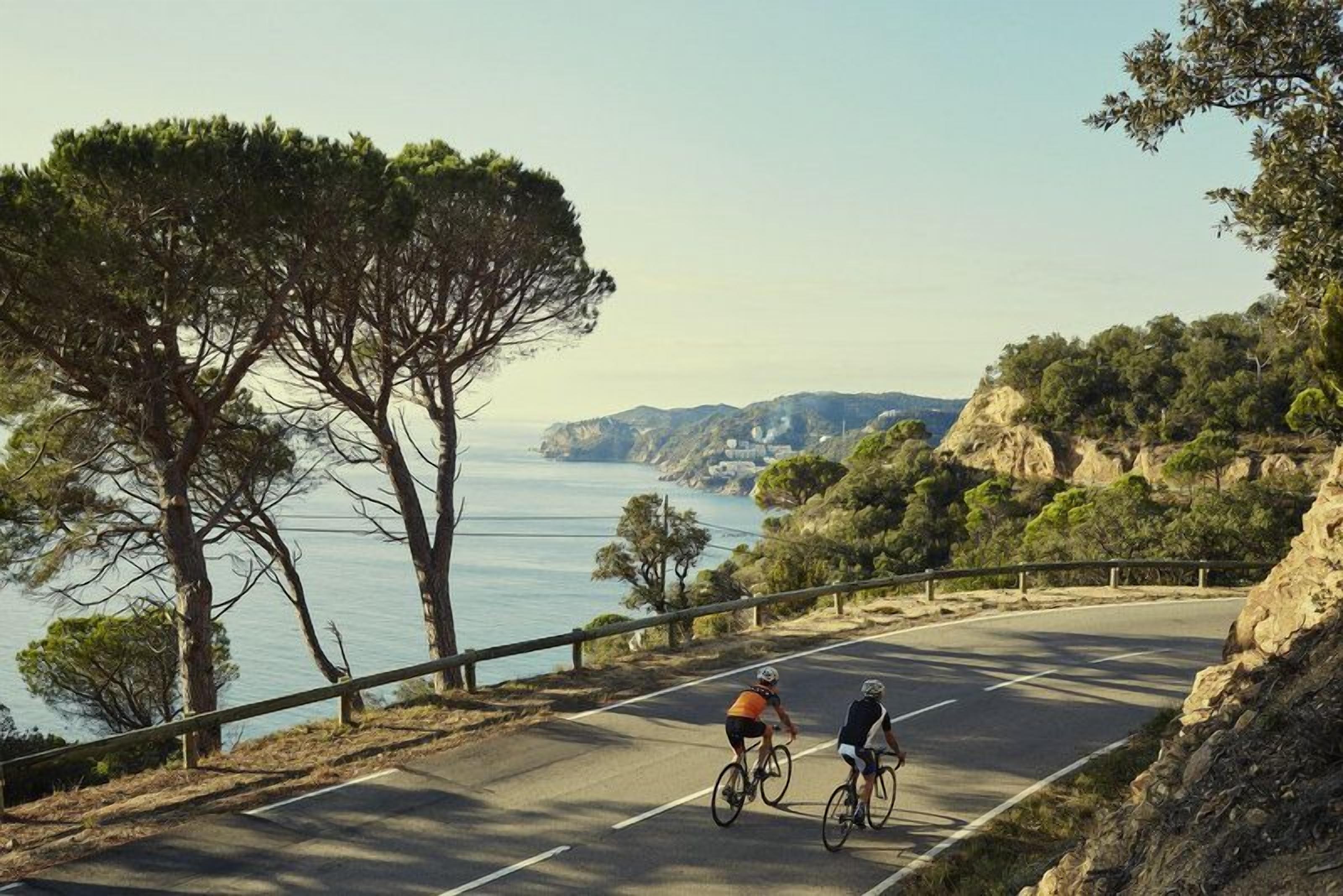 A coastal road with cyclists, a guardrail, and a view of the sea and hills.