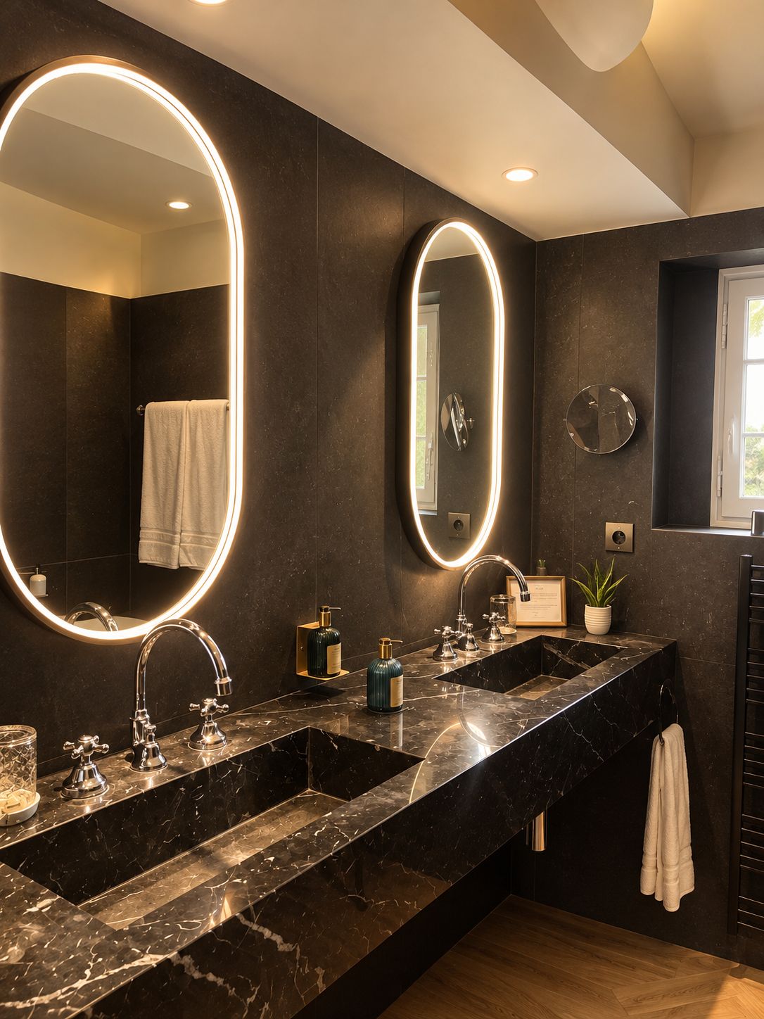 A modern bathroom with two sinks, large mirrors with illuminated edges, and a dark marble countertop.