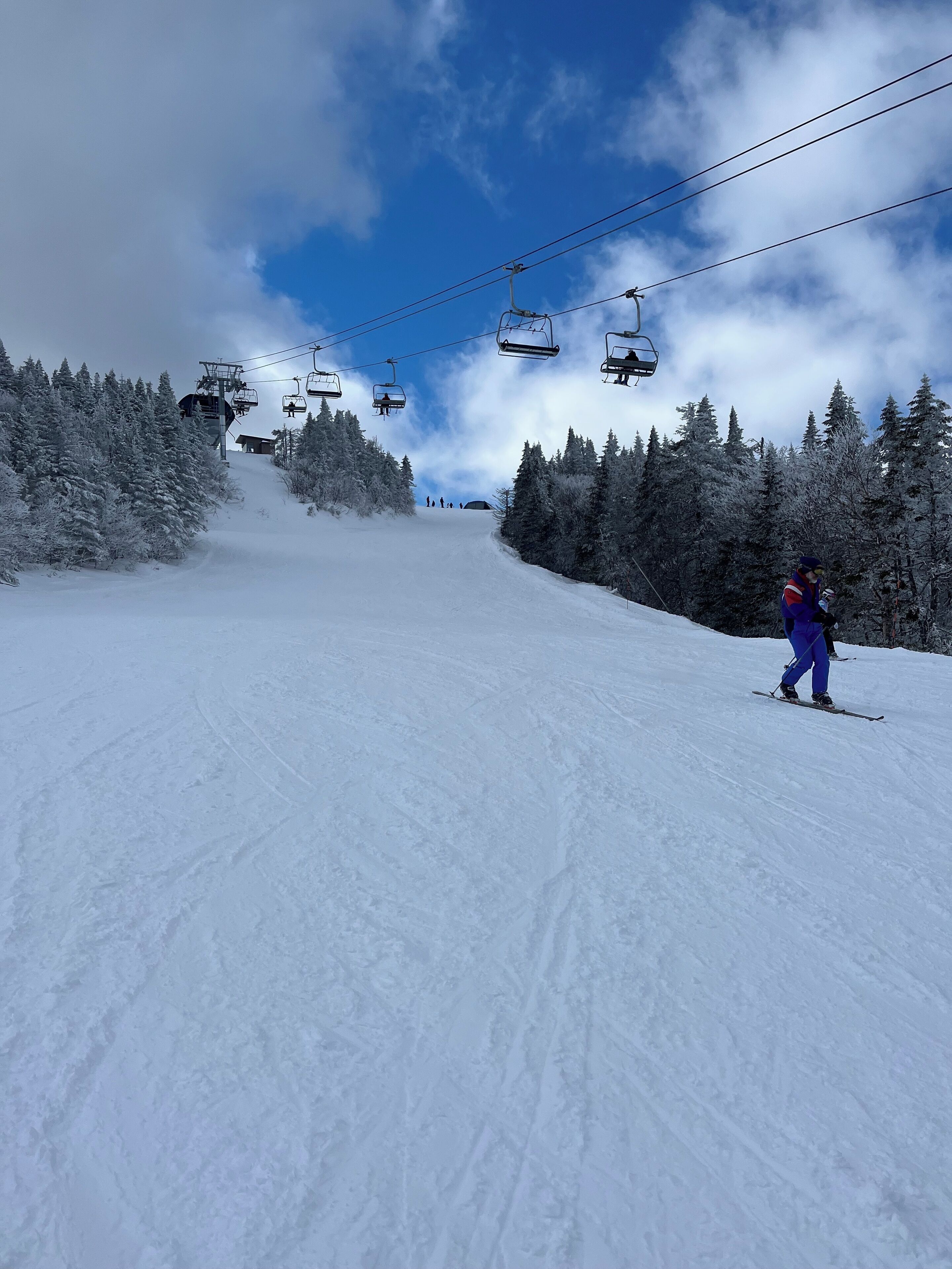 A ski slope with a ski lift and snow-covered trees.