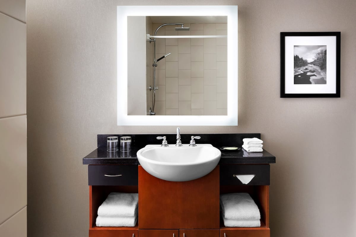 traditional room, 1 queen bed, fireplace | bathroom | combined shower/bathtub, designer toiletries, hair dryer, bathrobes