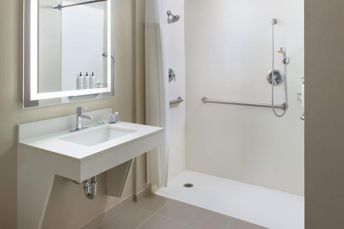 Estudio, 1 cama de matrimonio grande con sofá cama (Mobility/Hearing Access, Roll-In Shwr) | Baño | Ducha y bañera combinadas y artículos de higiene personal gratuitos