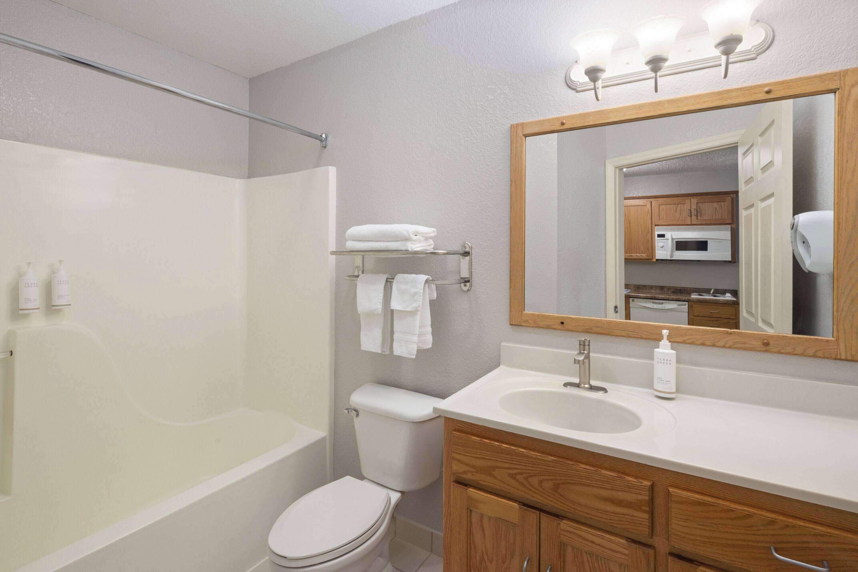 Un bagno moderno con vasca, WC, lavabo e specchio.