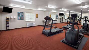 A gym with treadmills, elliptical machines, and free weights.