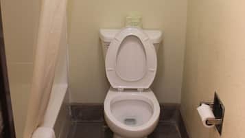 A small bathroom with a toilet, a towel rack, and a shower curtain.