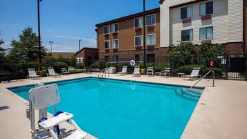 Seasonal outdoor pool, pool umbrellas, pool loungers