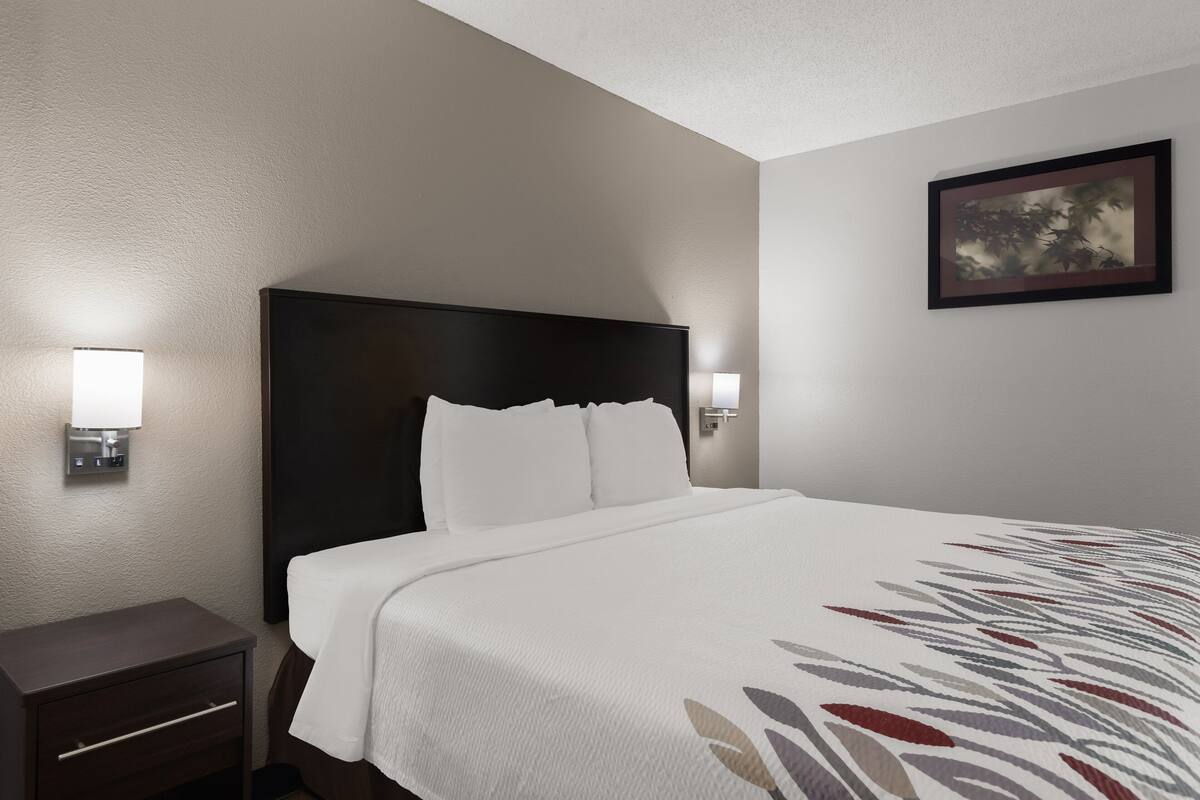 Una habitación de hotel con una cama grande, dos mesitas de noche y un cuadro en la pared.