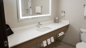 A bathroom with a white sink, a mirror, a towel rack, and a toilet. - Holiday Inn Express Oneill by IHG (O'Neill)