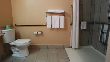 A bathroom with a toilet, a towel rack with towels, a shower area, and a toilet paper dispenser.