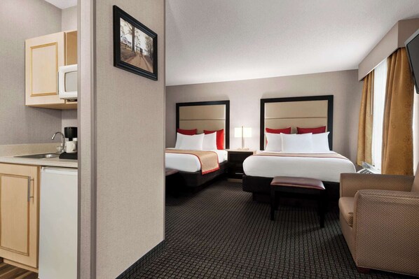 Double Room, 2 Queen Beds | Desk, iron/ironing board, free cribs/infant beds, rollaway beds