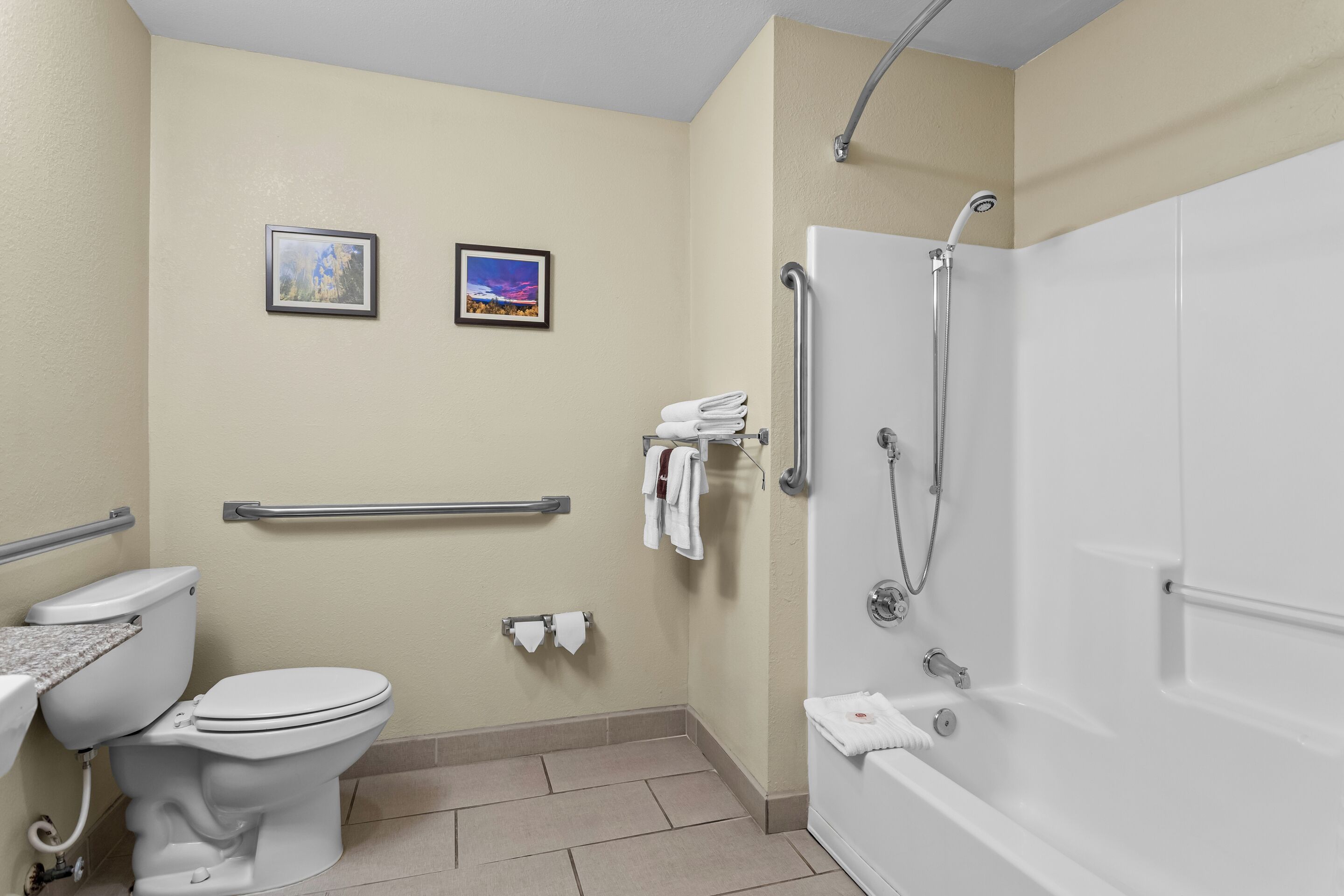 A bathroom with a toilet, a sink, a shower, and two framed pictures on the wall.