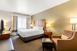 A hotel room with a bed, a television, a desk, a chair, and two bedside lamps.